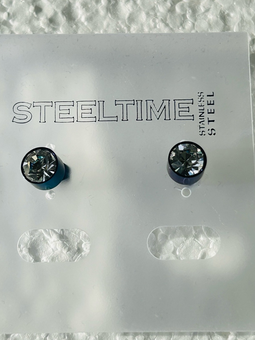 Stainless Steel Blue Stud Earrings with Clear Crystals